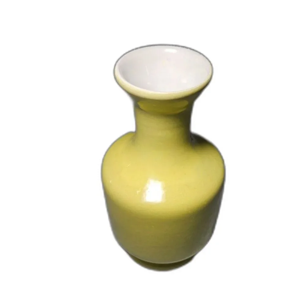 Vintage Yellow Ceramic Bud Vase Hand Painted Floral Orchid 6” Asian Style